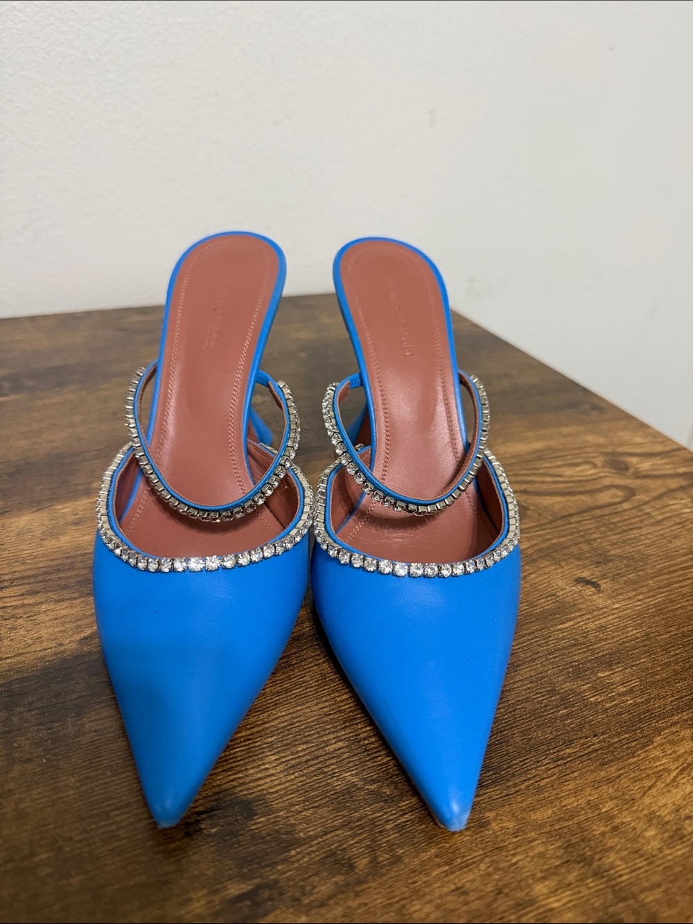 Amina Muaddi Electric Blue Pointed-Toe Mule Heels with Rhinestone Straps